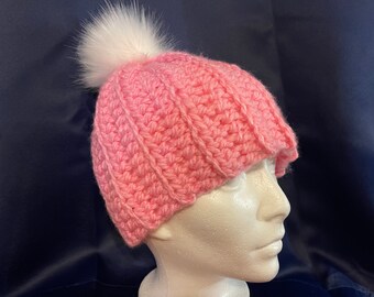 Handmade Crochet Chunky Winter Hat Bubblegum Pink hat with white faux fur Pom pom