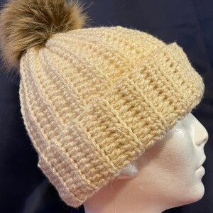 Handmade Crochet Winter Hat Cream hat with light brown faux fur Pom pom