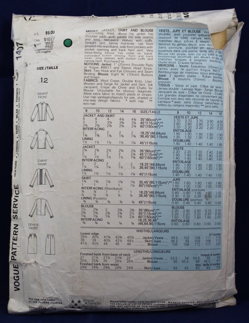 Joseph Picone Sewing Pattern for a Woman's Suit in Size 12 Etsy UK