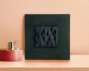 Wall art paper sculpture, black square sculpture, with geometric mosaic, black paint, made of paper and wood