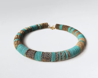 Paper African choker, turquoise and golden necklace, ethnic jewelry, Valentine's Day gift