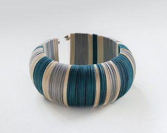 Paper circle bracelet, blue grey and white bracelet, stripes design, large bangle, colorful jewelry