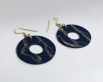 Hand-painted circle dangle paper earrings in blue and gold