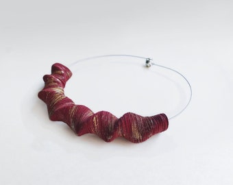 Paper necklace, tiny steel wire choker with dark red and golden pendant, Mother's Day gift