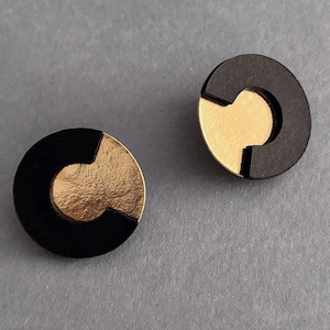 Orecchini rotondi a perno, orecchini di carta nera e oro a specchio, orecchini geometrici, gioielli moderni