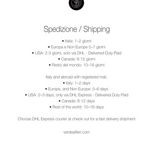 May include: White background with the text "Spedizione / Shipping" and bulleted lists detailing shipping times to various locations, including Italy, Europe, USA, Canada, and the rest of the world. The website address verdealfieri.com is also present.