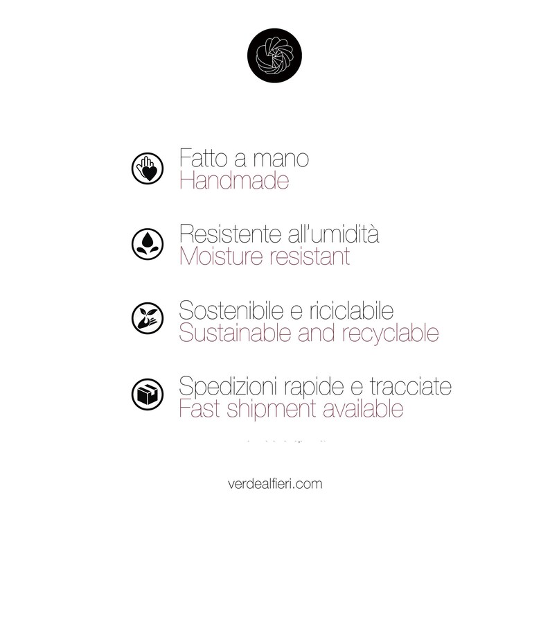 May include: White background with black text and icons. Text includes "Handmade", "Moisture resistant", "Sustainable and recyclable", and "Fast shipment available". The website verdealfieri.com is also displayed.