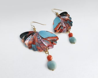 Mother's day gift, dangling paper earrings, with natural semiprecious stones, aquamarine and jade, fan shape earrings