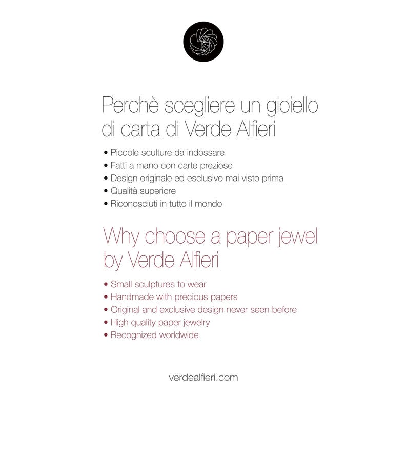 May include: White background with text in Italian and English. The text discusses paper jewelry by Verde Alfieri, highlighting features like small sculptures, handmade quality, and original design. The website verdealfieri.com is also displayed.