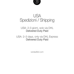 May include: White background with the text "USA Spedizioni / Shipping". Below, it states "USA: 2-3 giorni, solo via DHL Delivered Duty Paid" and "USA: 2-3 days, only via DHL Express Delivered Duty Paid". The website verdealfieri.com is also displayed.