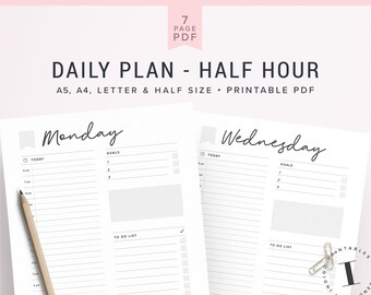 Daily Planner, Day on 1 Page, Half Letter Size, Daily Agenda, Filofax A5 Insert, Hourly Dated, Kikki K Inserts, DO1P, Planner, Printables