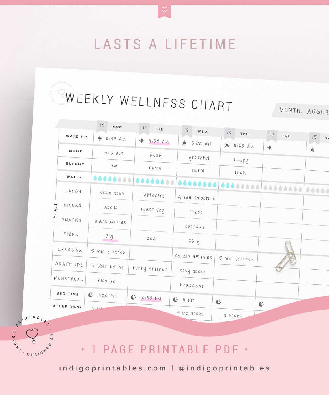 Wellness Week Table Weekly Wellness Planner Wellness Chart Food Planner Mood | Etsy