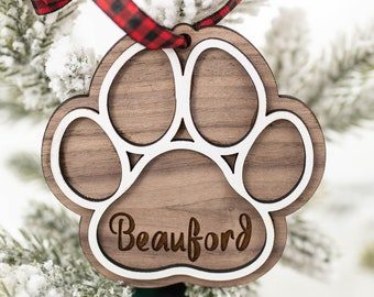 Pet Paw Print Ornament Engraved with Pet Name | Dog Ornament Pet Christmas