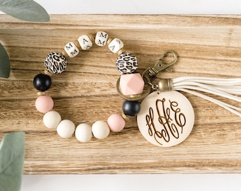Mama Bead Silicone Wristlet Keychain | Custom Wooden Disc | Personalized Leopard Mom Keychain | Gifts for Busy Mom