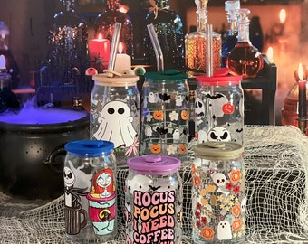 Halloween Iced Coffee Glass | 16oz Can Glass with Lid
