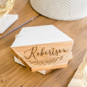 Custom Engraved White Marble and Wood Coasters | New Home Gift | Newlywed Gift | Realtor Gift for New Homeowners | Personalized Gift