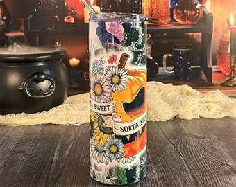 Sorta Sweet Sorta Spooky Halloween Tumbler | Pumpkin Tumbler | Floral Skull Halloween Fall Tumbler Cup