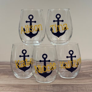 Nautical Anchor Custom Wine Glasses - Personalized Stemless Glass | Nautical Wedding | Boat Life Gift | Family Vacation | Bachelorette