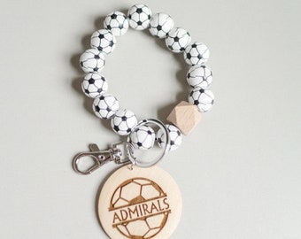 Soccer Mom Wooden Bead Stretchy Keychain Bangle with  Personalized Charm | Bracelet Keychain Wristlet | Soccer Team Gift Soccer Coach Gift