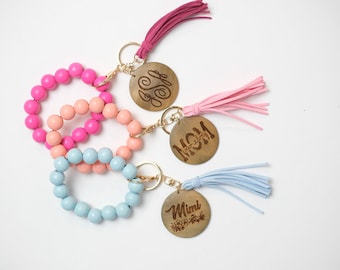 Wood Bead Wristlet Keychain with Custom Engraved Charm | Personalized Keychain | Bracelet Keychain Wristlet | Mom Gift | New Car Gift