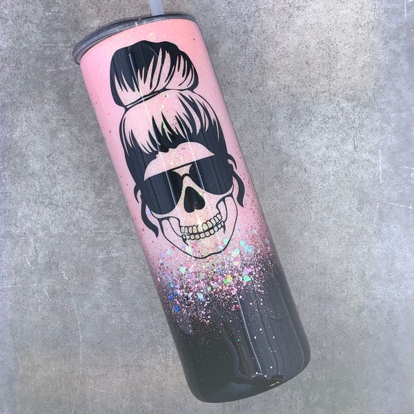 Skull Mama Glitter Tumbler | Personalized Custom Glitter Tumbler | Pink and Black Glitter | Messy Bun Mom Life Gift Cup