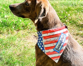 Patriotic Dog Bandana Personalized Dog Scarf 4th of July Pet Scarf | Personalized Summer Dog Collar | American Flag Pet Pride with Name