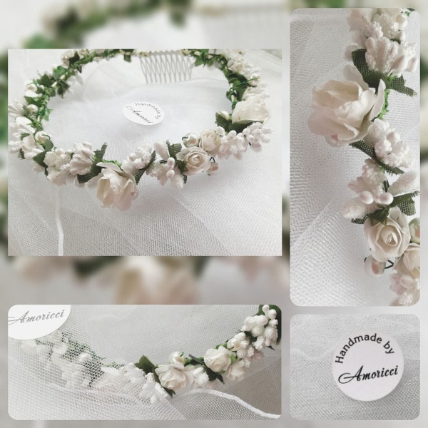 Crown, First Communion, Erstkommunion, Veil, Bow, Flower Adornment, Primera comunion, White fliowers