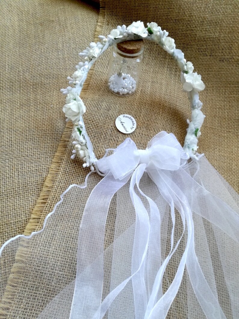 Crown Veil Flower Adornment Primera comunion Bow White fliowers First Communion Erstkommunion