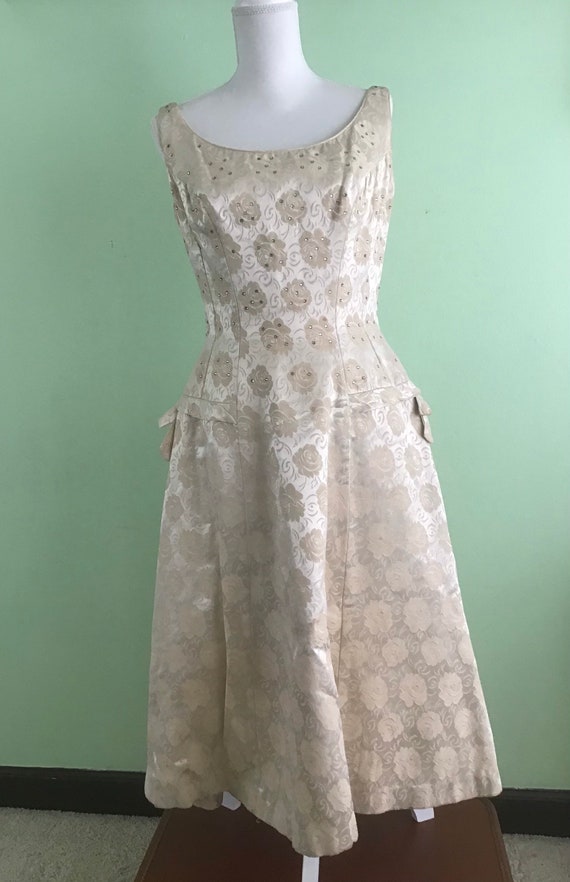1960  satin brocade cocktail/wedding dress
