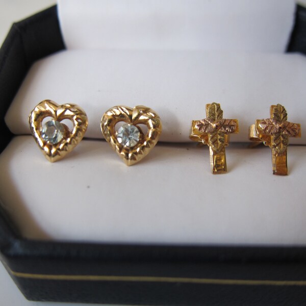 10K Solid Gold Earrings Landstrom's TriColor Crosses and JCM Hearts with Pale Blue Stones