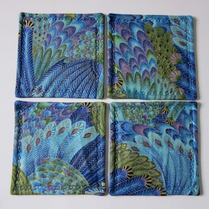 Fabric Coasters Set of 4 Peacock Feathers Washable