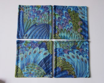 Fabric Coasters Set of 4 Peacock Feathers Washable