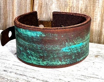 Turquoise and Dark Brown Distressed Leather Cuff Bracelet, Adjustable, Wide