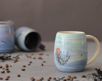 Ceramic Coffee/Tea Mug - Handmade - Medium size - Underwater Design - Pottery - Made in Ireland
