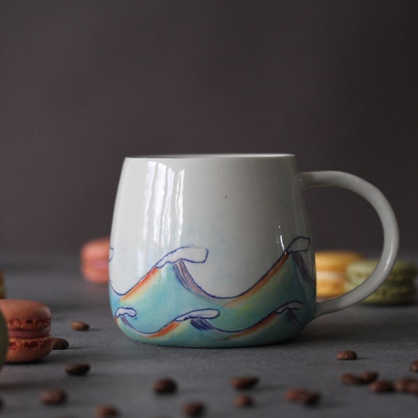 Coffee Mug, Tea Mug, Unique Gift, Handmade Porcelain Mug,  Medium Size, Rainbow Design, Handmade Irish Pottery