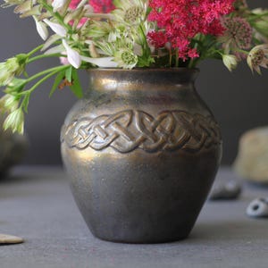 Hand Carved Celtic Knot Vase: Gold Metallic Finish, Irish Home Decor