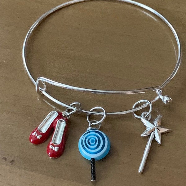 Wizard of Oz Charm Bangle Bracelet, Ruby Slippers, Blue Lollipop and Glinda's wand, Stainless Steel