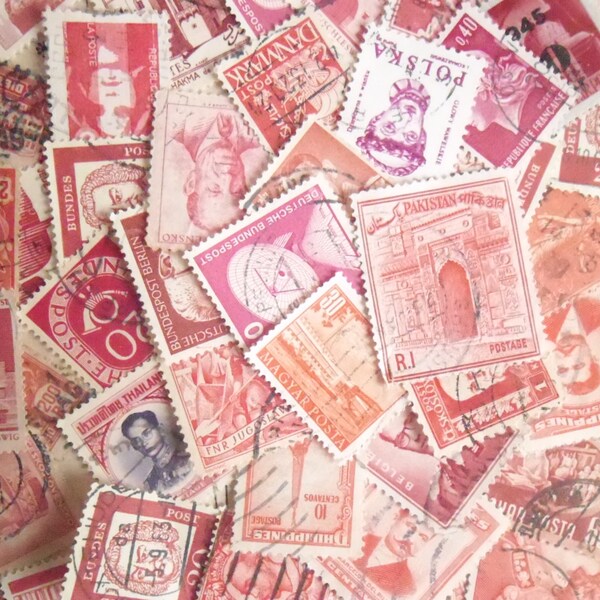 Shades of Red Stamp Mix  50 Used Vintage Postage Stamps Red Orange Pink Worldwide Postage Stamps Vintage Stamps Scrapbooking Altered Art LA