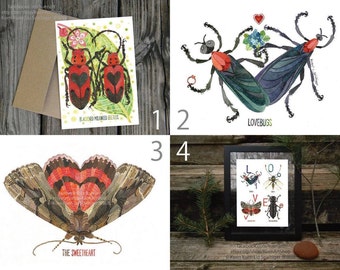 Set of 4 LOVE bug Greeting Cards, Insect Love Card, The Sweetheart Blackened Milkweed Beetles Wedding Anniversary Valentine's Day Red Heart