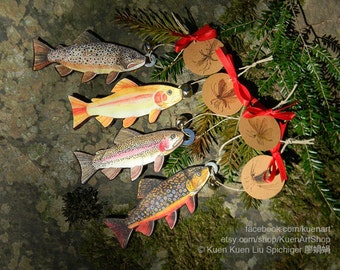 Trout and Aquatic Insects Ornaments, Trout Fish Christmas Ornament, Fish Decor, Felt Fish, Golden Rainbow, Brown, Rainbow Trout, Brook Trout