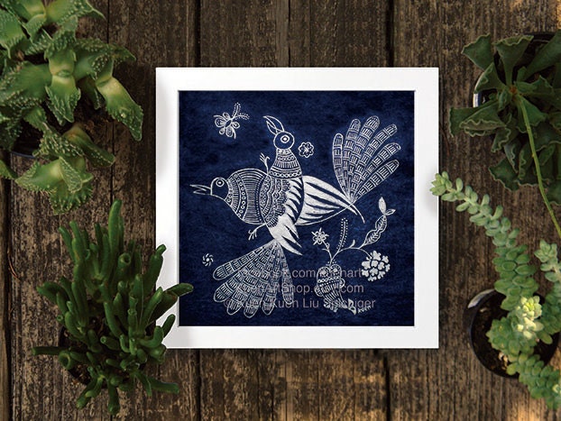 Two Love Birds Chinese Indigo Miao Batik Art Print Etsy