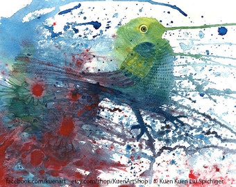 Hummingbird Art Print, Watercolor Painting Illustration, Bird, Little bird, Green and Blue Bird, Nature Lover