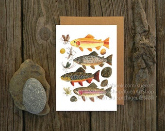 Set of 5 Cards, Golden Rainbow Brown Brook Trout, River Fish, Watercolor Painting Illustration Greeting Card Notecard Birthday Fly Fishing