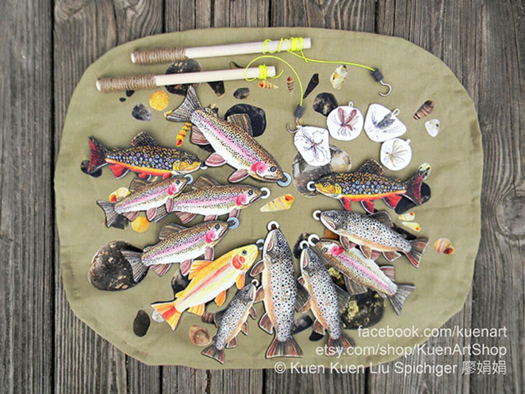 Magnetic Fishing Game Trout and Aquatic Insects, Felt Realistic Fish Game,  Golden Rainbow Brook Brown Rainbow Trout Educational Imaginative 