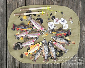 Magnetic Fishing Game Trout and Aquatic Insects, Felt Realistic Fish Game, Golden Rainbow Brook Brown Rainbow Trout Educational Imaginative