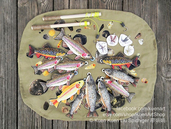 Magnetic Fishing Game Trout and Aquatic Insects, Felt Realistic Fish Game,  Golden Rainbow Brook Brown Rainbow Trout Educational Imaginative 