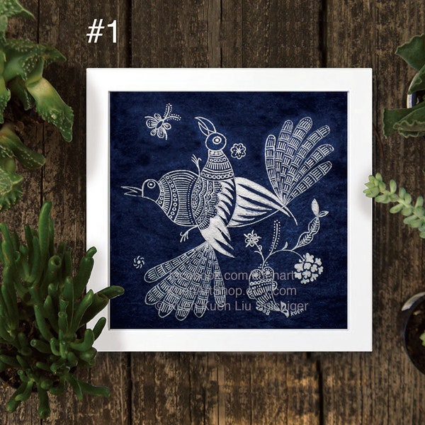 1 Two Love Birds - 2 Butterfly and Fish - 3 Birds and Butterflies - Chinese Indigo Miao Batik Art Print 8"x8" 5"x5" - Hmong - White and Blue