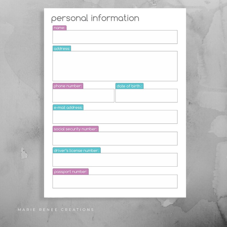 Personal Information Worksheet Info Form Printable Etsy