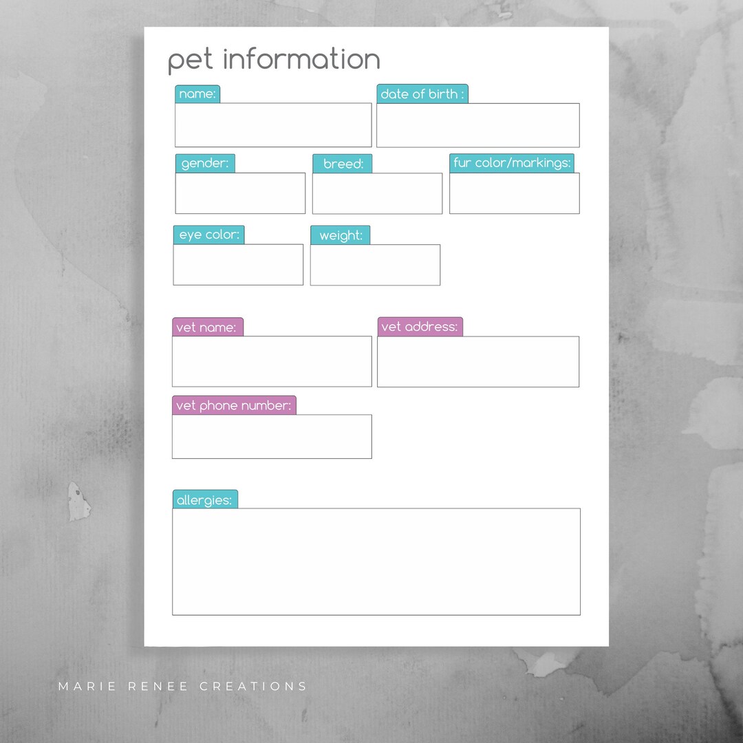 Pet and Vet Information Form Printable Worksheet - Etsy