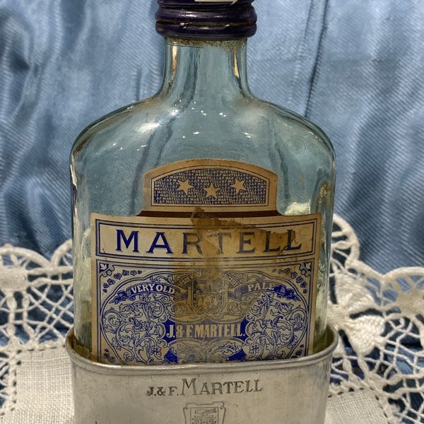 Martell, Cognac Hip Flask, Cognac Bottle, J &F Martell Memorabilia. Vintage Barware. Metal Drinking Cup.